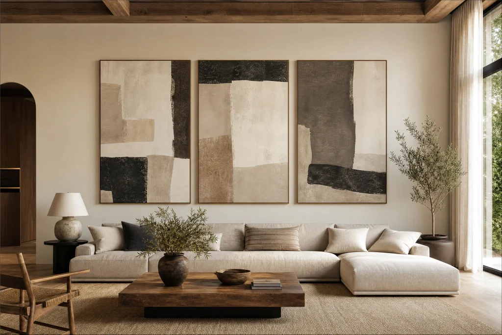 Neutral triptych art over a sofa