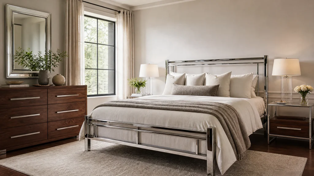 Walnut and chrome bedroom
