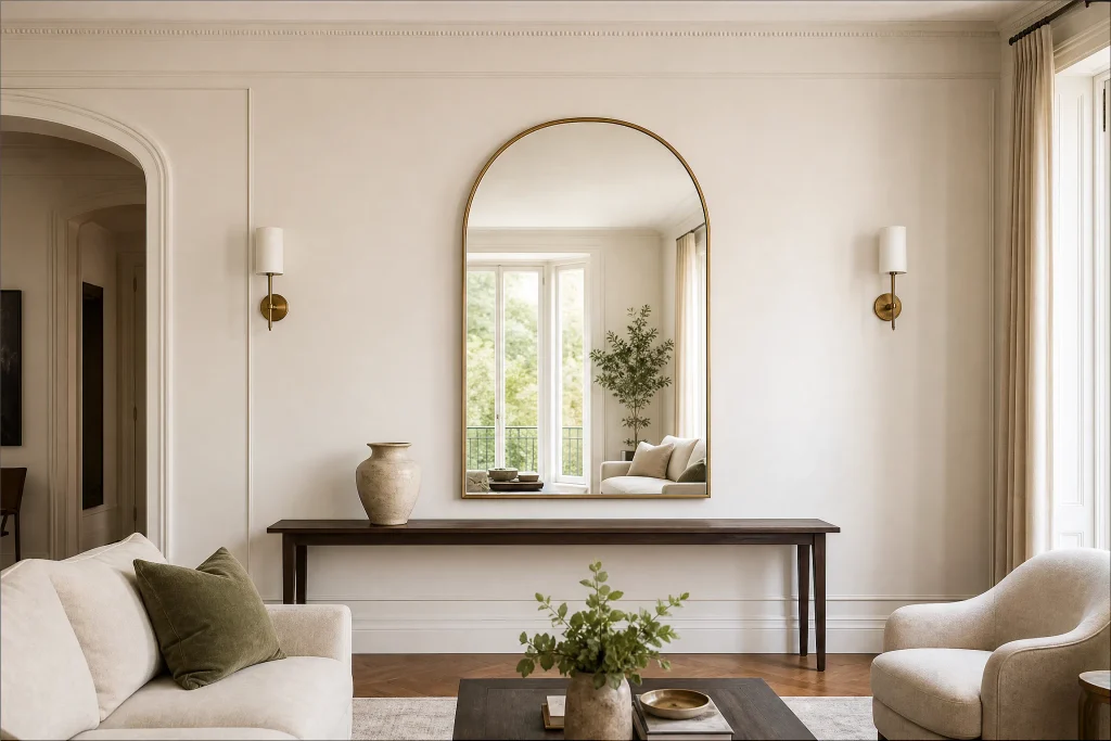 Oversized arched mirror in a living room