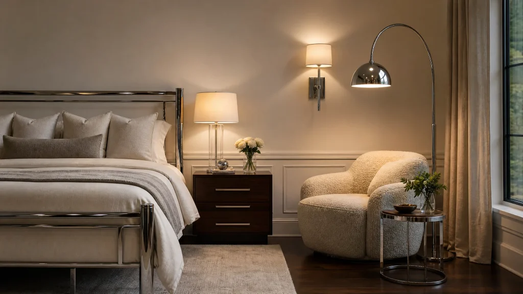 Layered chrome bedroom lighting