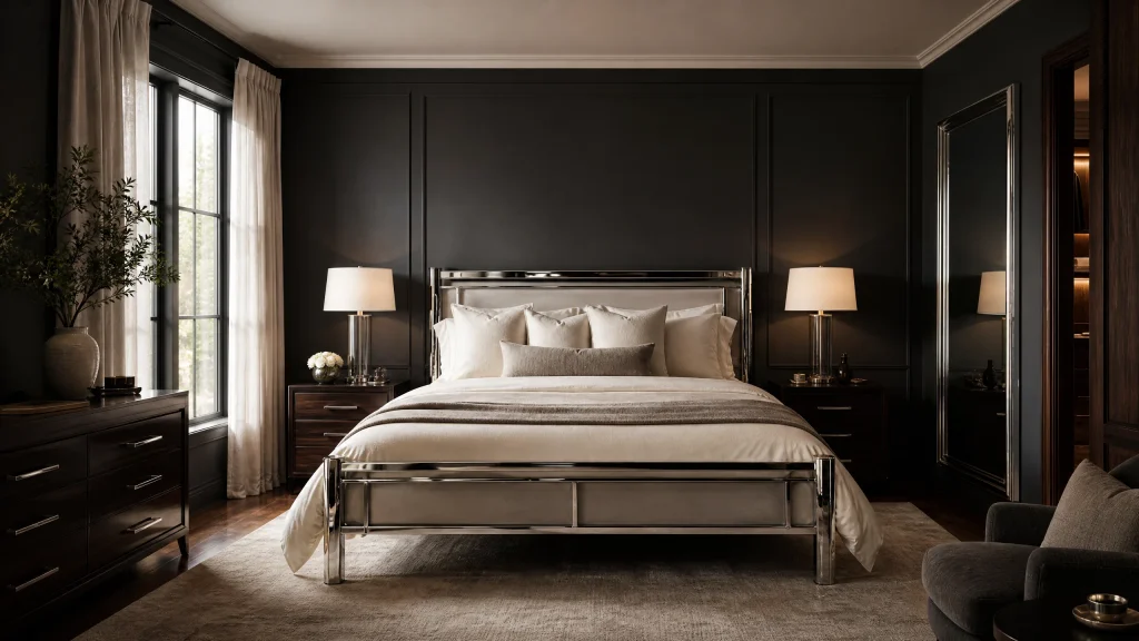 Moody dark wood chrome bedroom