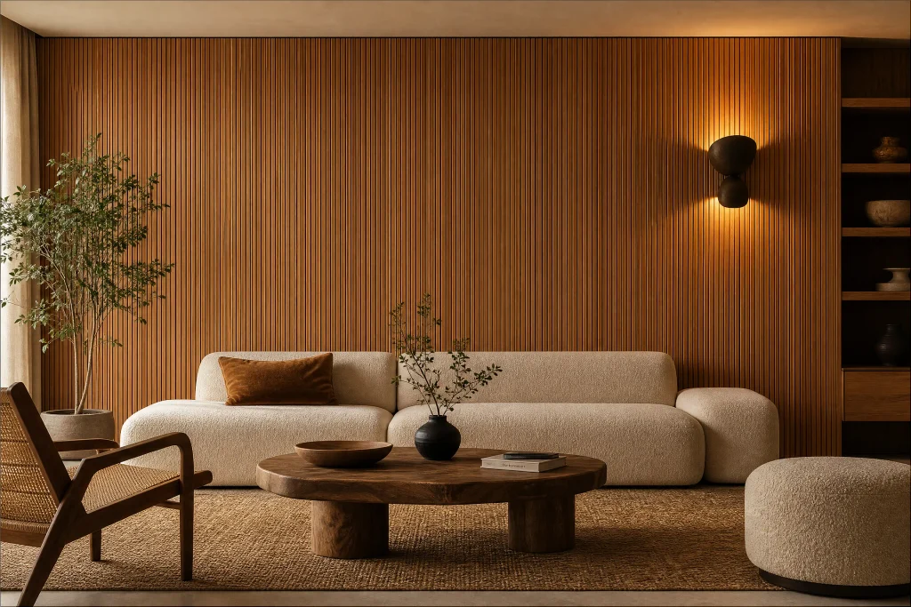 Honey-oak fluted wall paneling