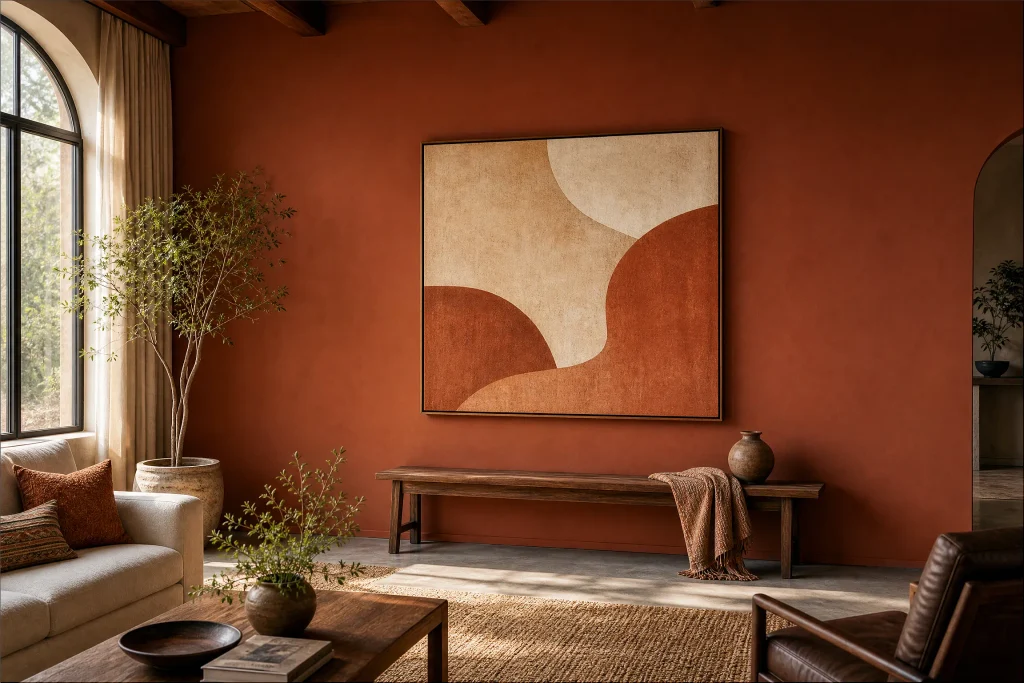 Terracotta wall with abstract art