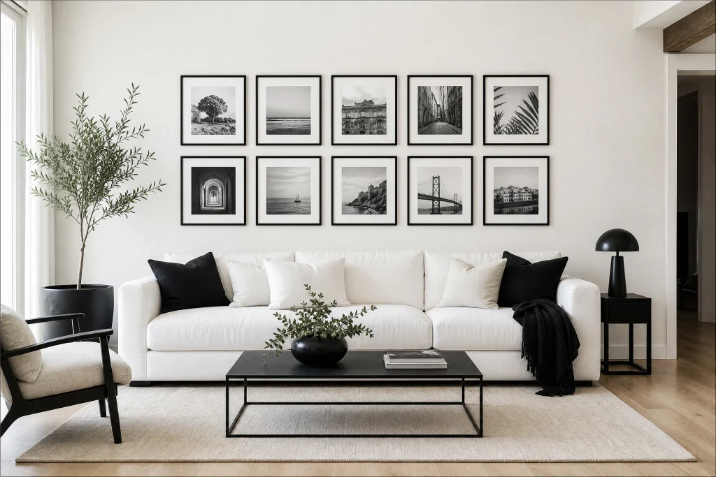 Black-and-white framed photo grid