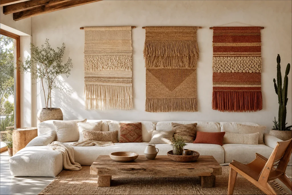 Three woven wall hangings