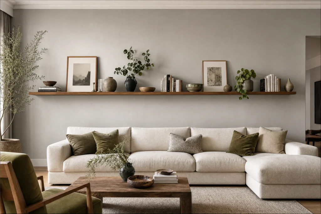 Extra-long floating shelf with books and ceramics