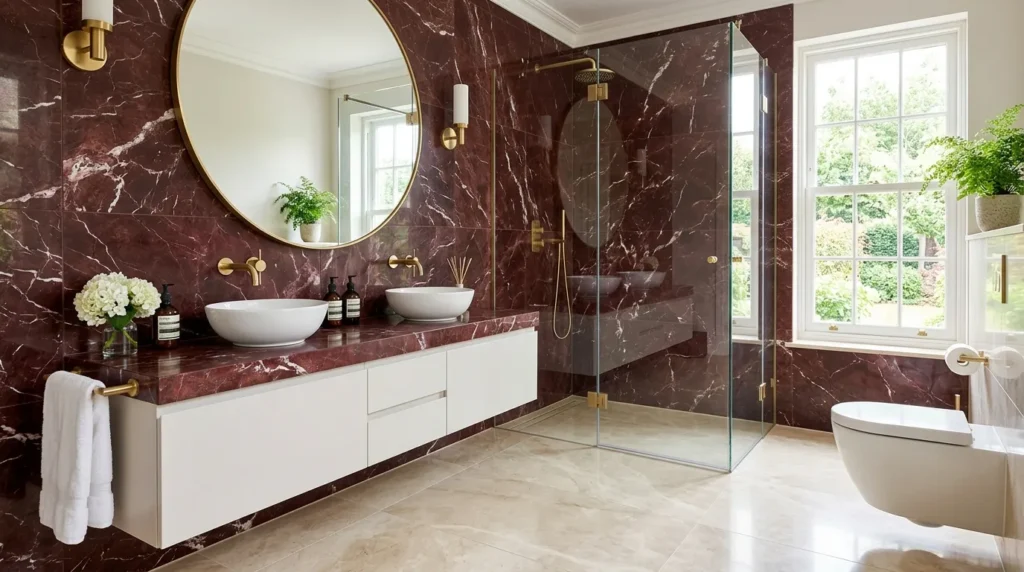 Burgundy and White Bathroom