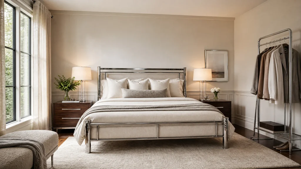 Soft chrome details in a finished bedroom