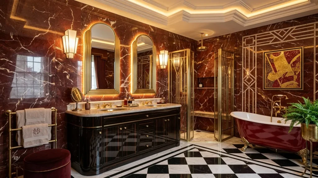 Neo Deco Bathroom with Cherry Marble Walls