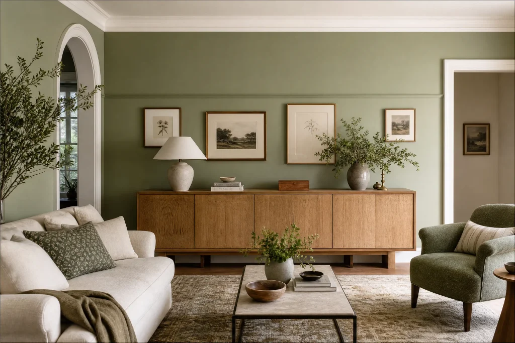 Sage green accent wall with art and sideboard