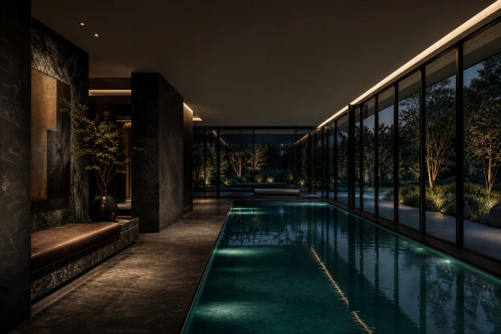 . Luxury Indoor Pool Room with Moody Materials