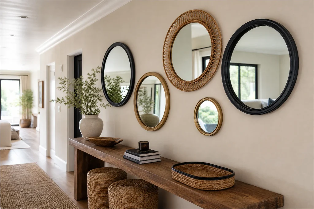 Collection of round mirrors in a hallway