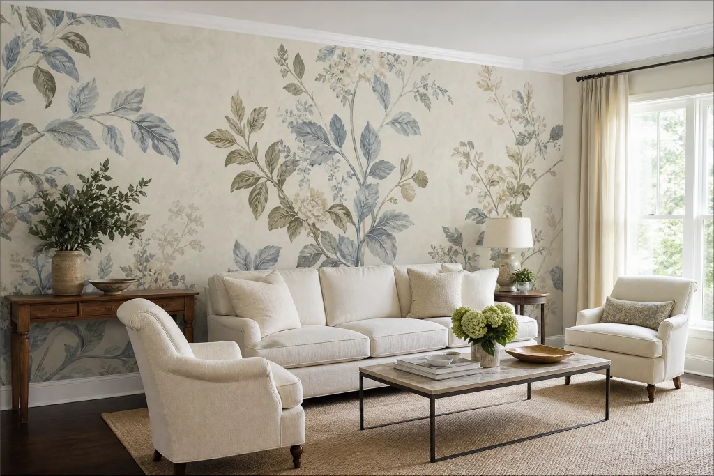 Dusty-blue botanical mural wall
