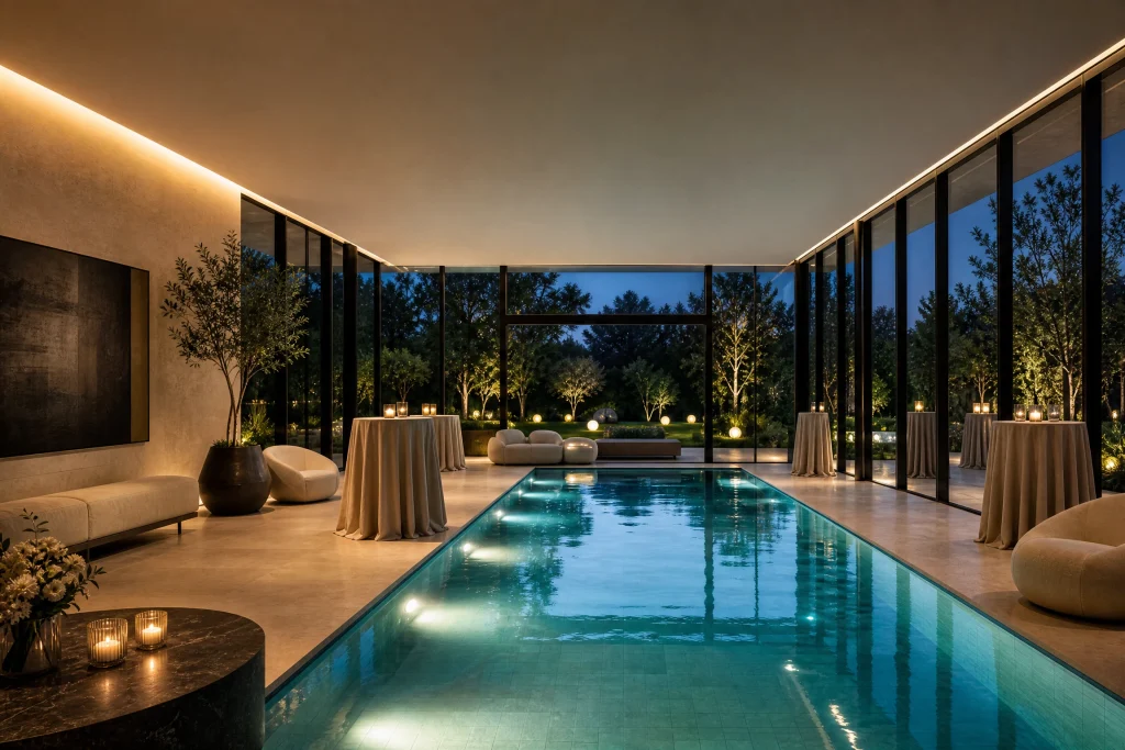 Luxury Indoor Pool Party Setting with Flexible Lighting
