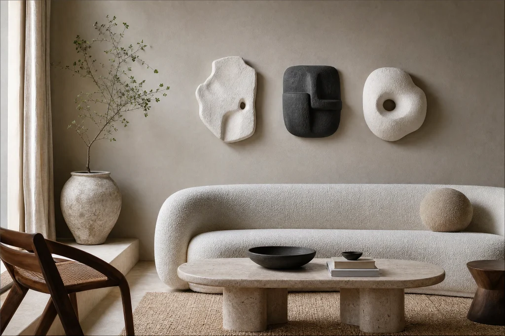 Three sculptural ceramic wall objects