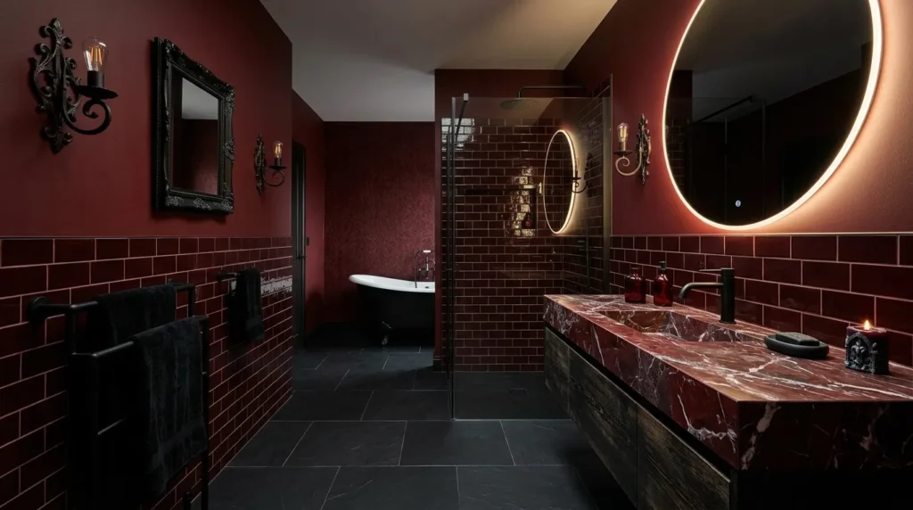 Red Goth Bathroom with Dark Marble