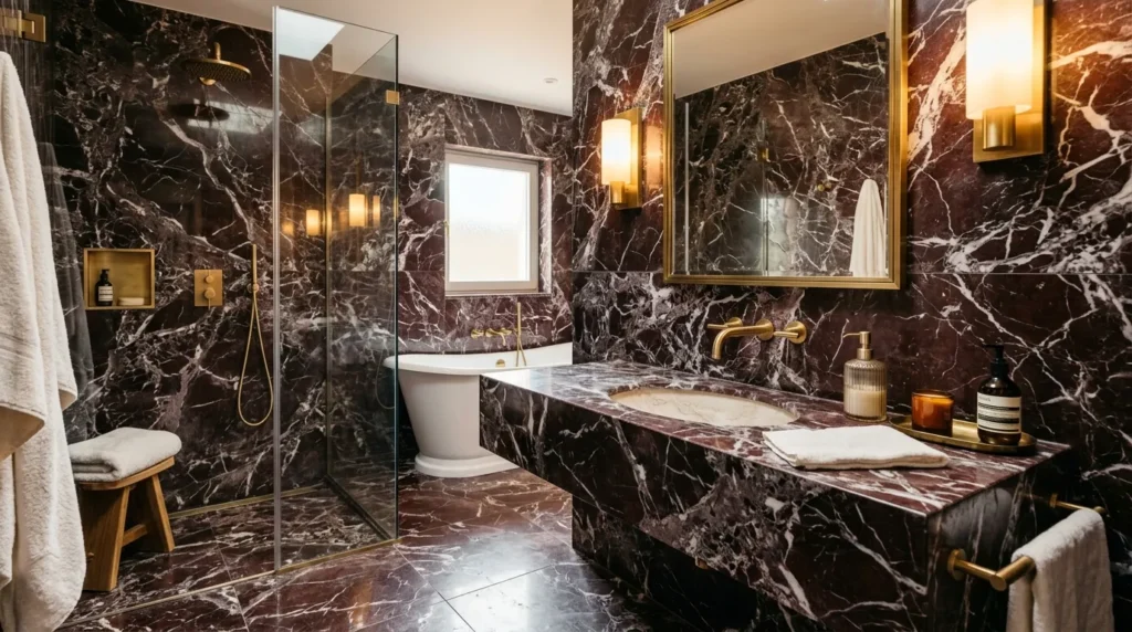 Italian Marble Bathroom Featuring Rosso Levanto