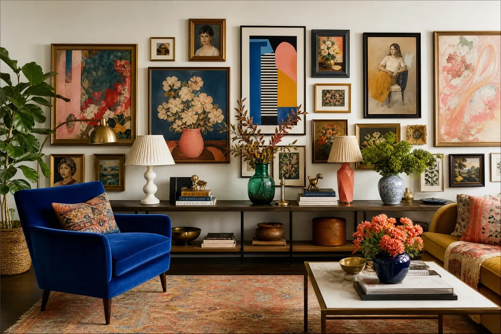 Eclectic jewel-tone gallery wall
