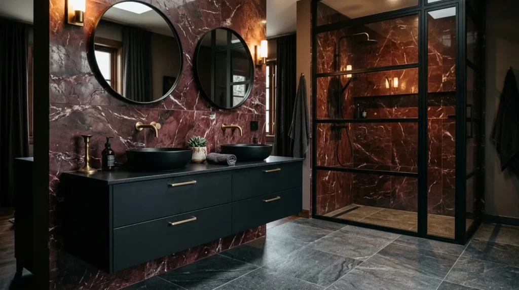 Burgundy Marble Bathroom with Black Vanity