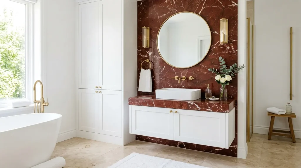 Red and White Marble Bathroom