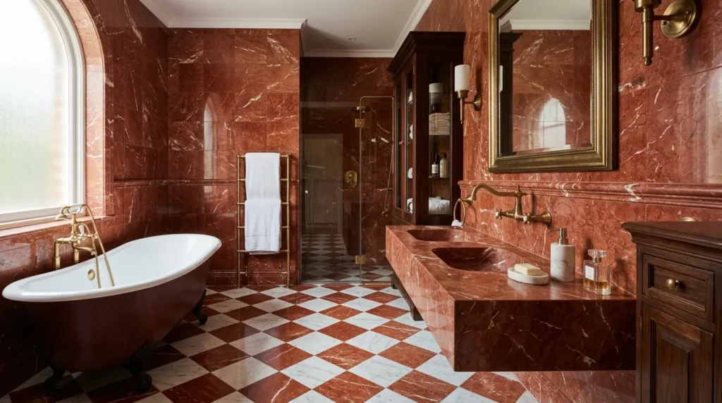 Red Marble Tile Bathroom with Checkerboard Floors