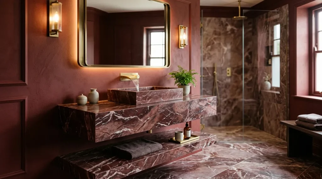 Red Bathroom Decor with a Marble Vanity