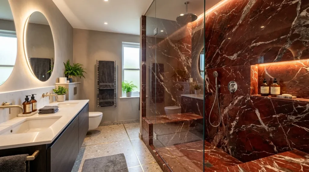 Deep Red Bathroom with Contemporary Marble 