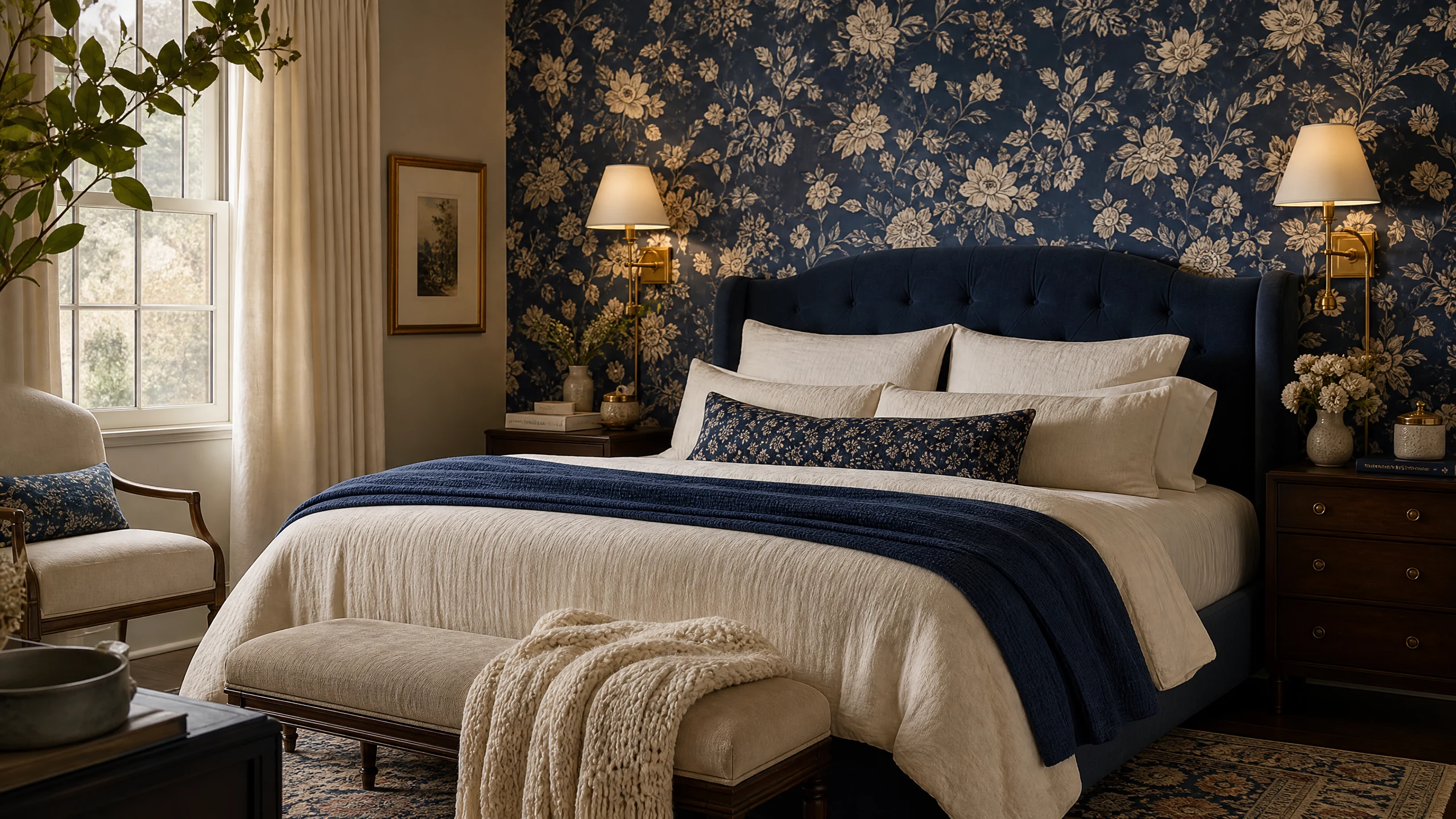 Navy floral wallpaper bedroom