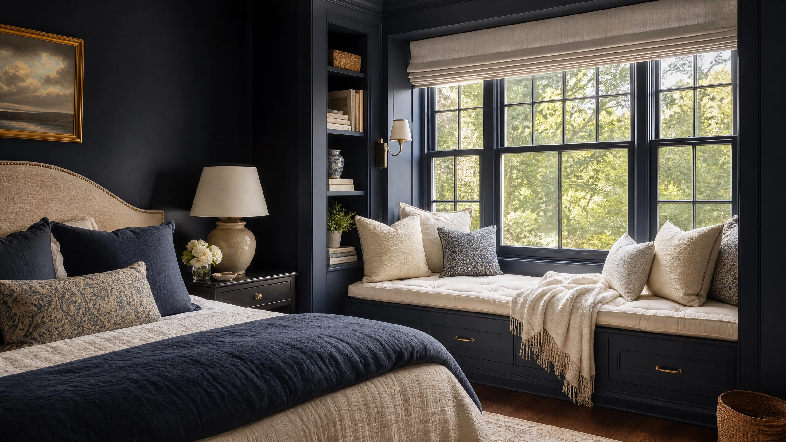 Navy bedroom with window seat