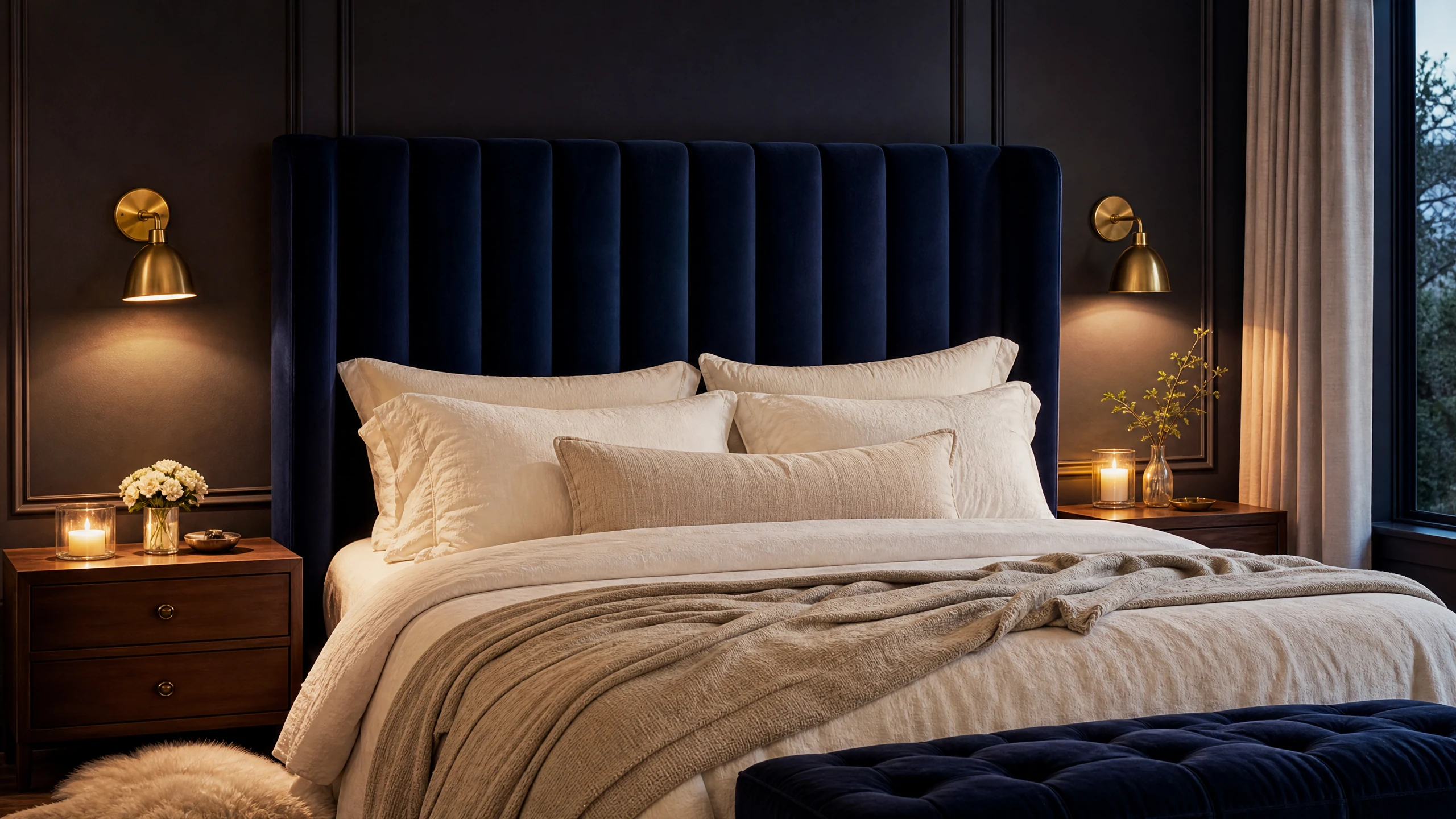 Navy velvet headboard bedroom