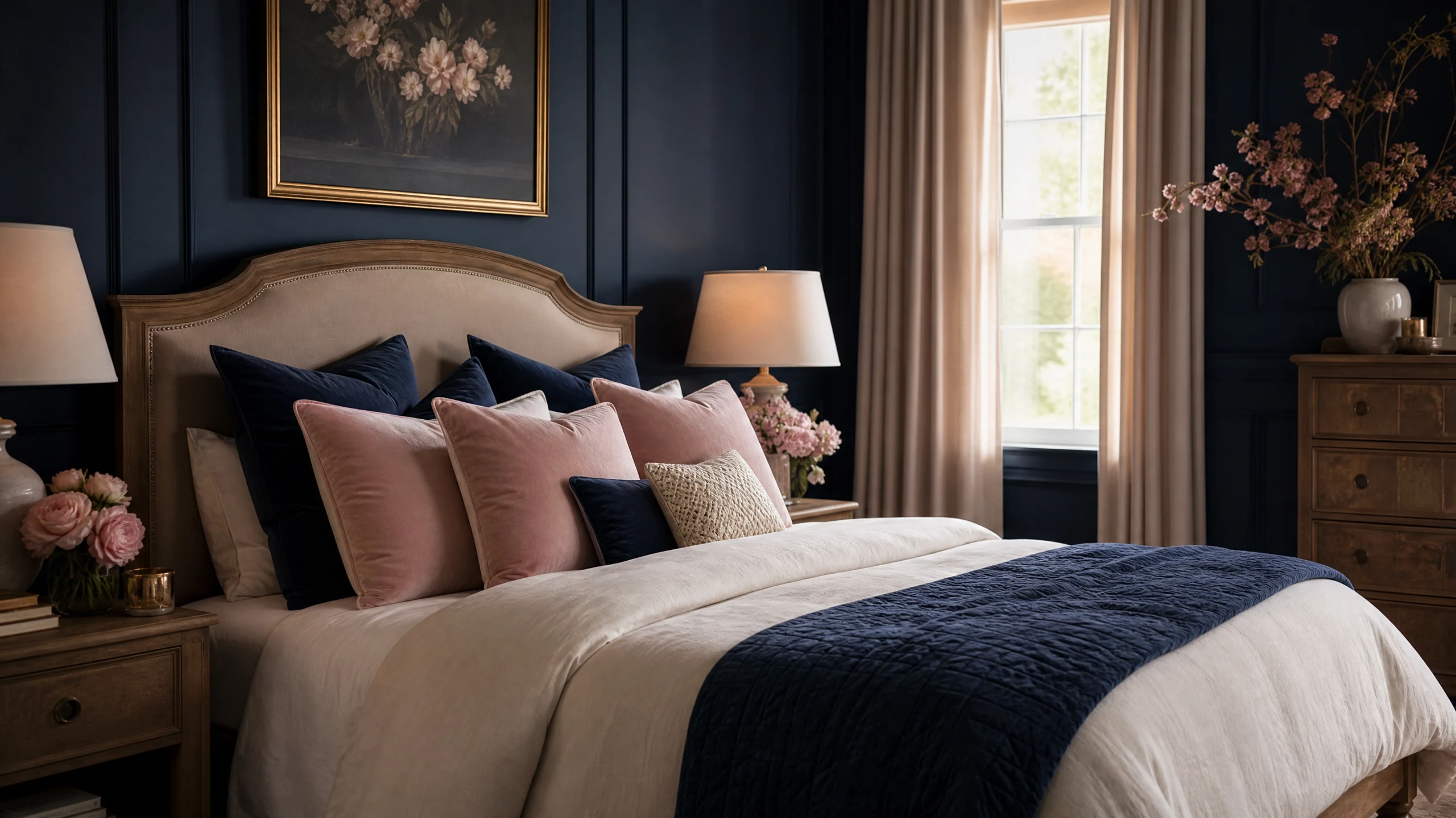 Navy bedroom with blush accents
