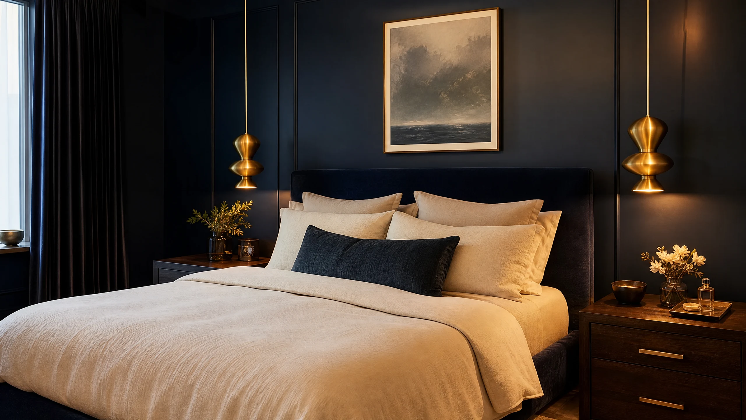 Navy bedroom with brass lighting