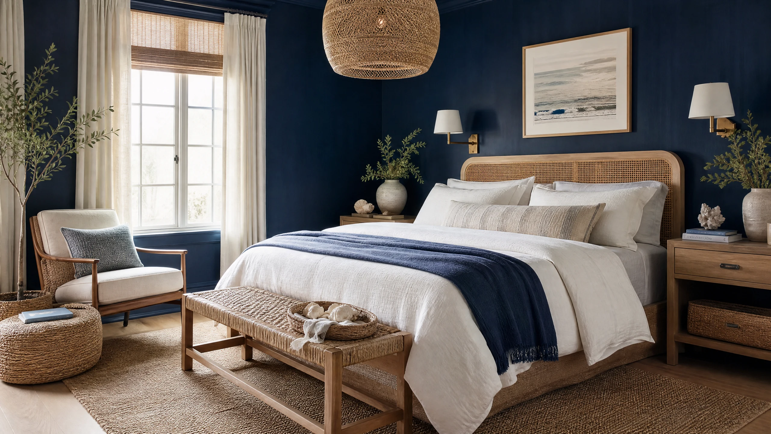 Soft coastal navy bedroom