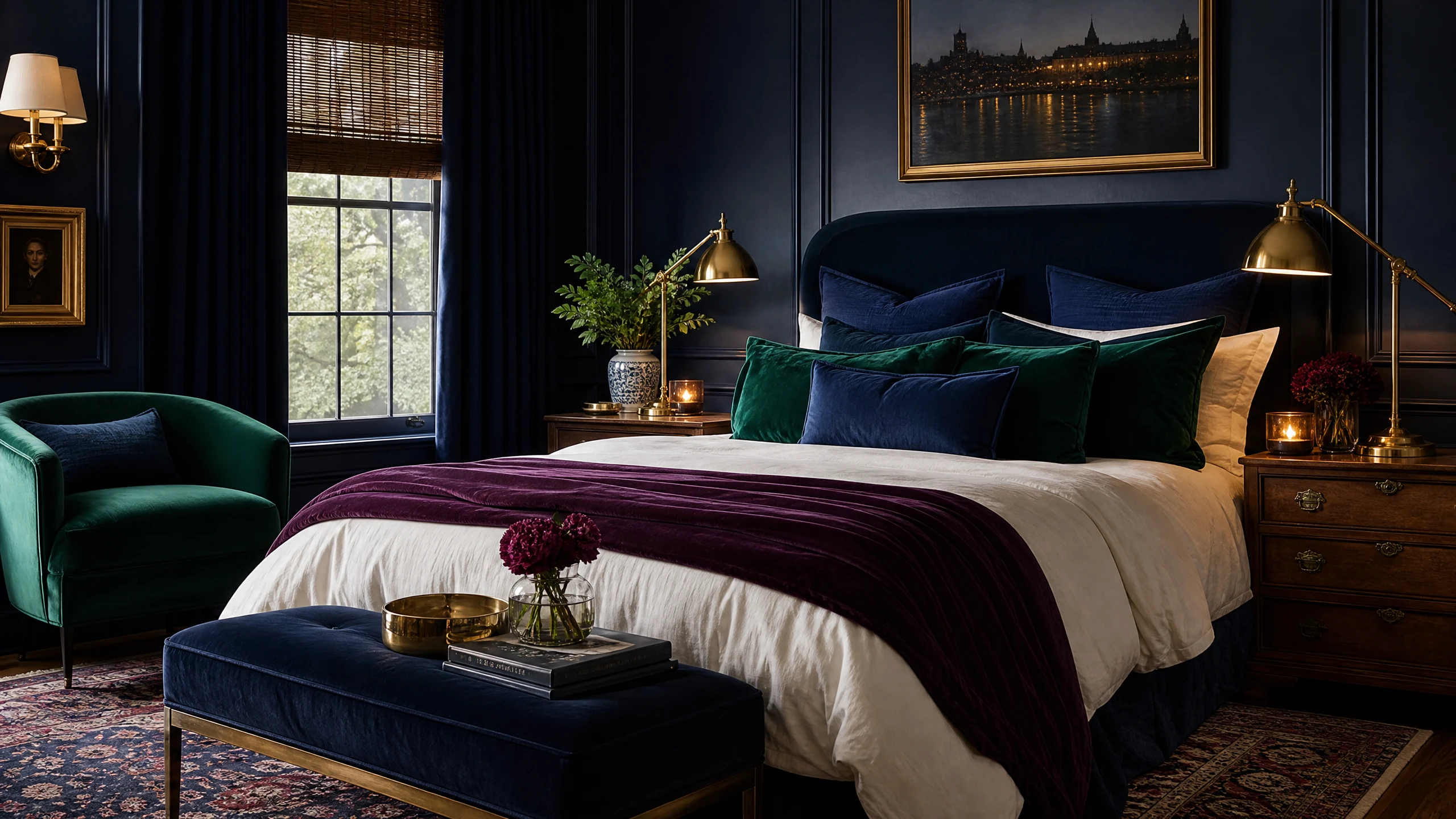 Navy bedroom with jewel-tone accents