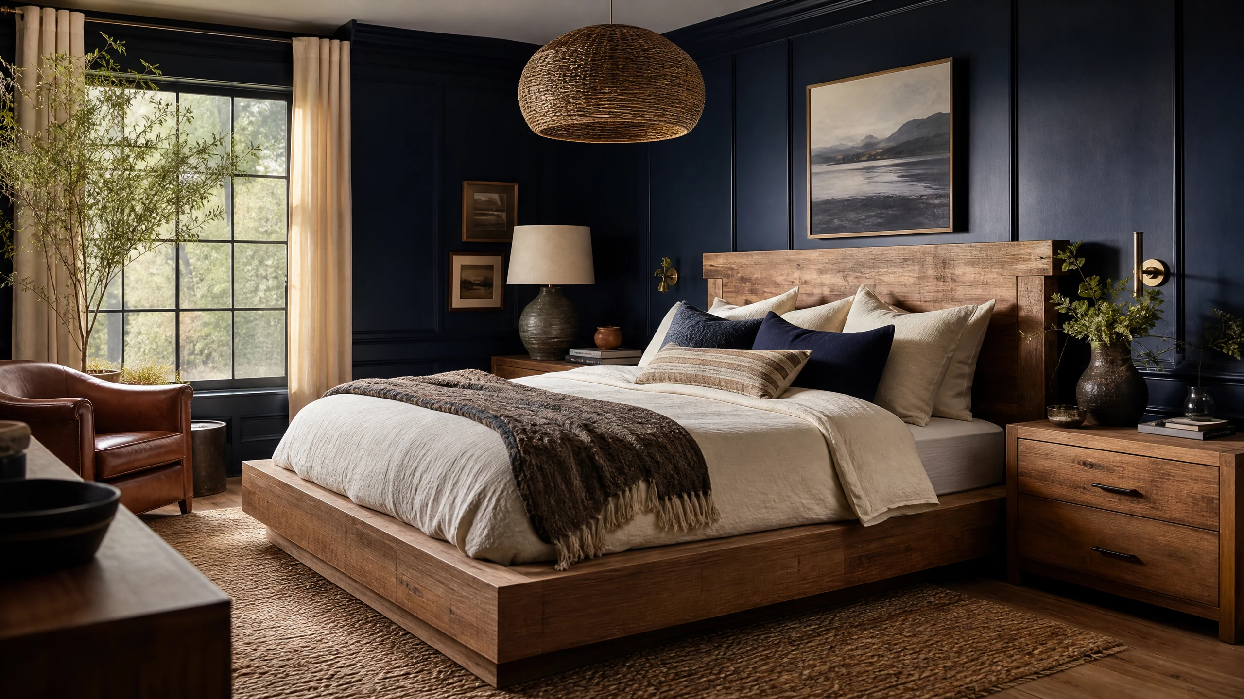 Navy bedroom with natural wood