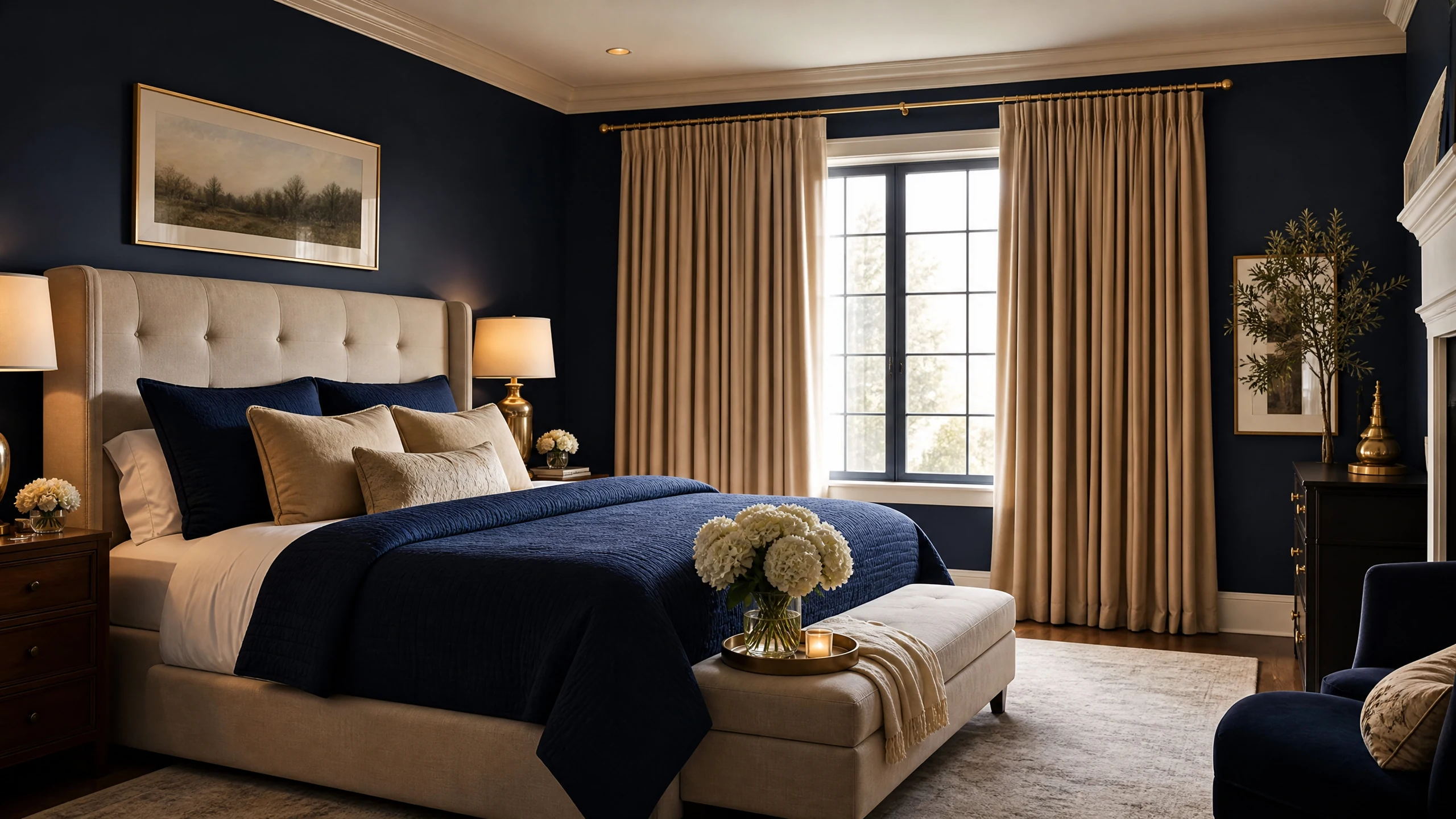 Navy bedroom with full-length drapery