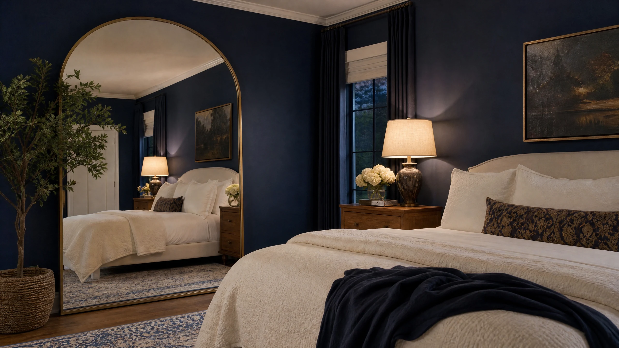 Navy bedroom with oversized mirror