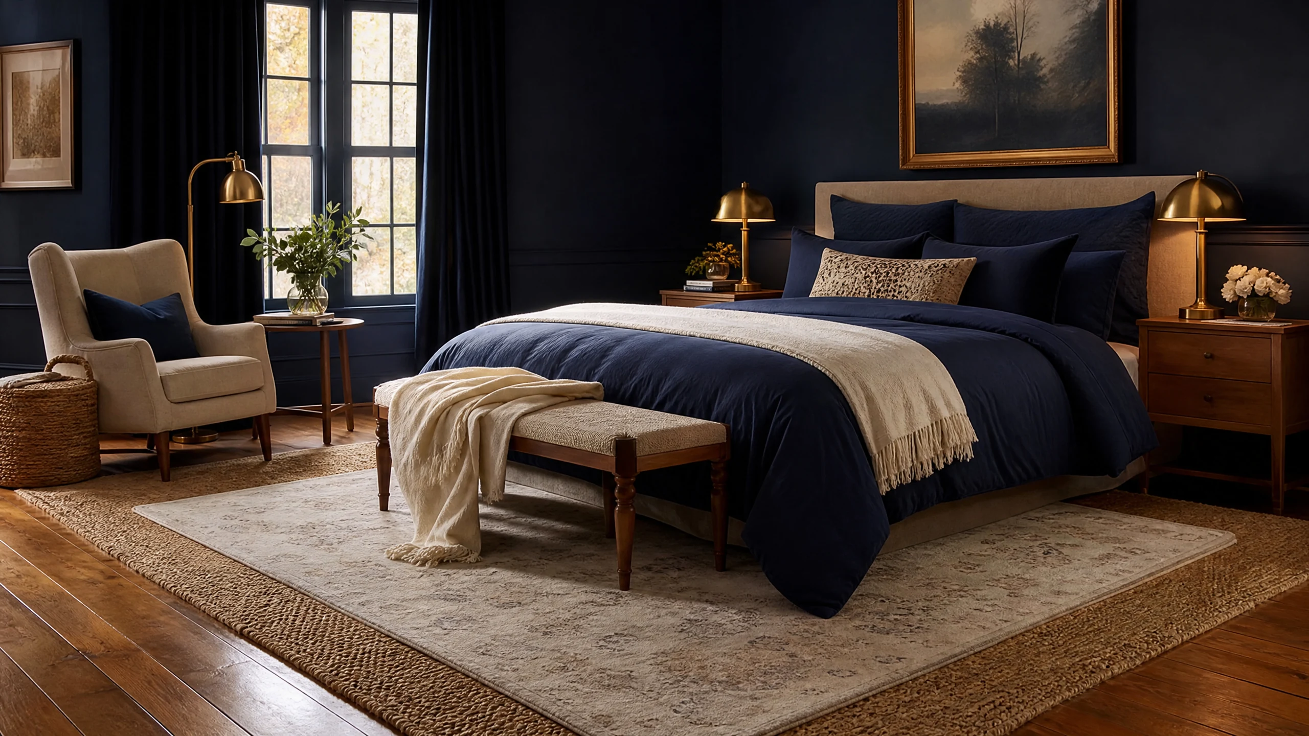 Layered rugs in a navy bedroom