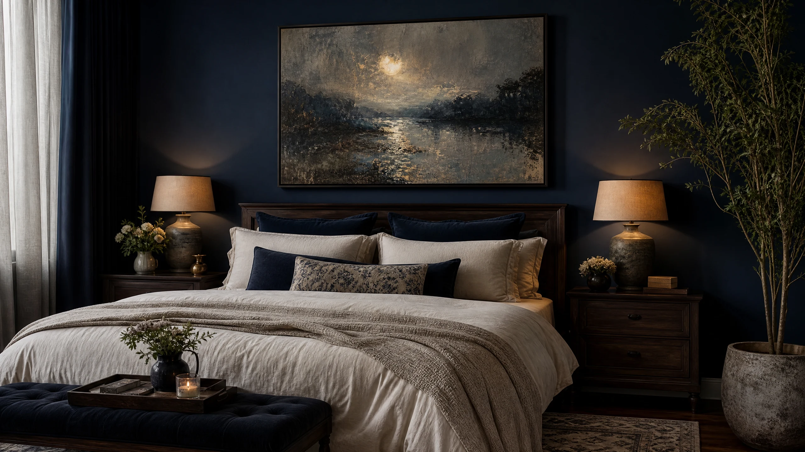 Moody romantic art above a navy bed