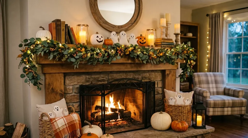 Halloween Mantel with Pumpkins and Lanterns
