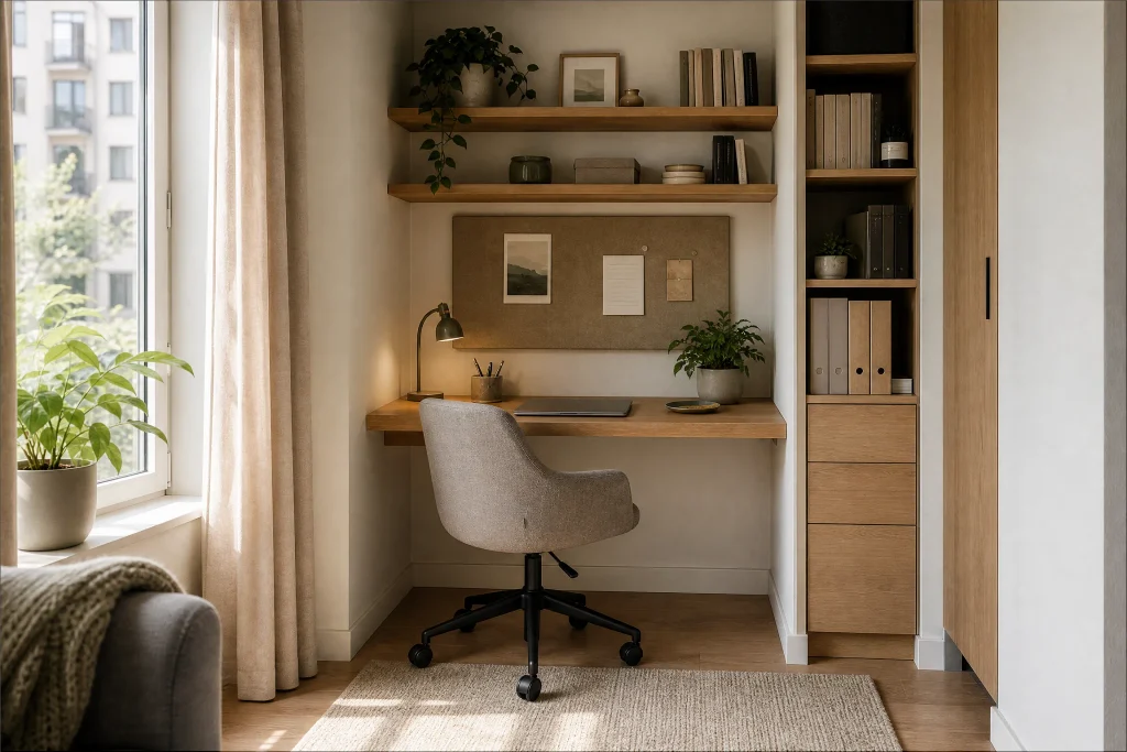 Functional floating corner shelves for the home office