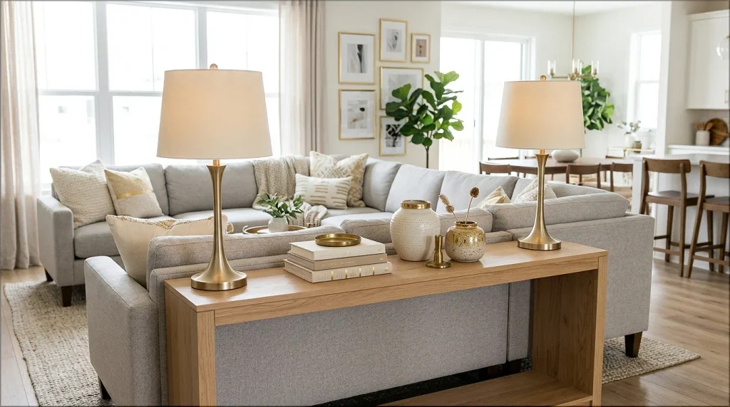 console table behind sofa