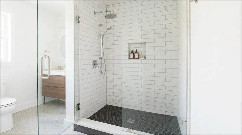Subway Tile Shower With a Dark Floor