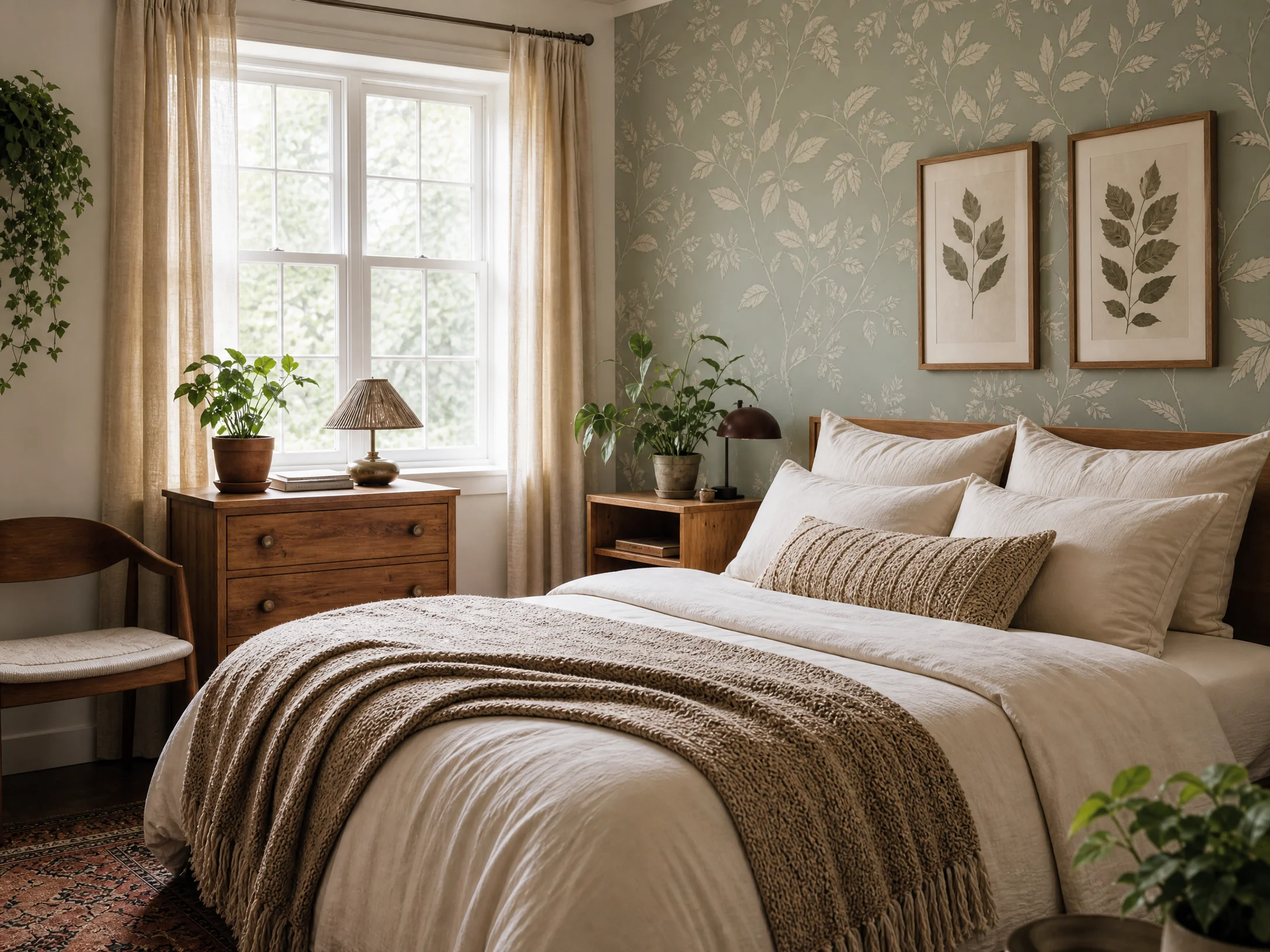 Sage green botanical bedroom accent wall