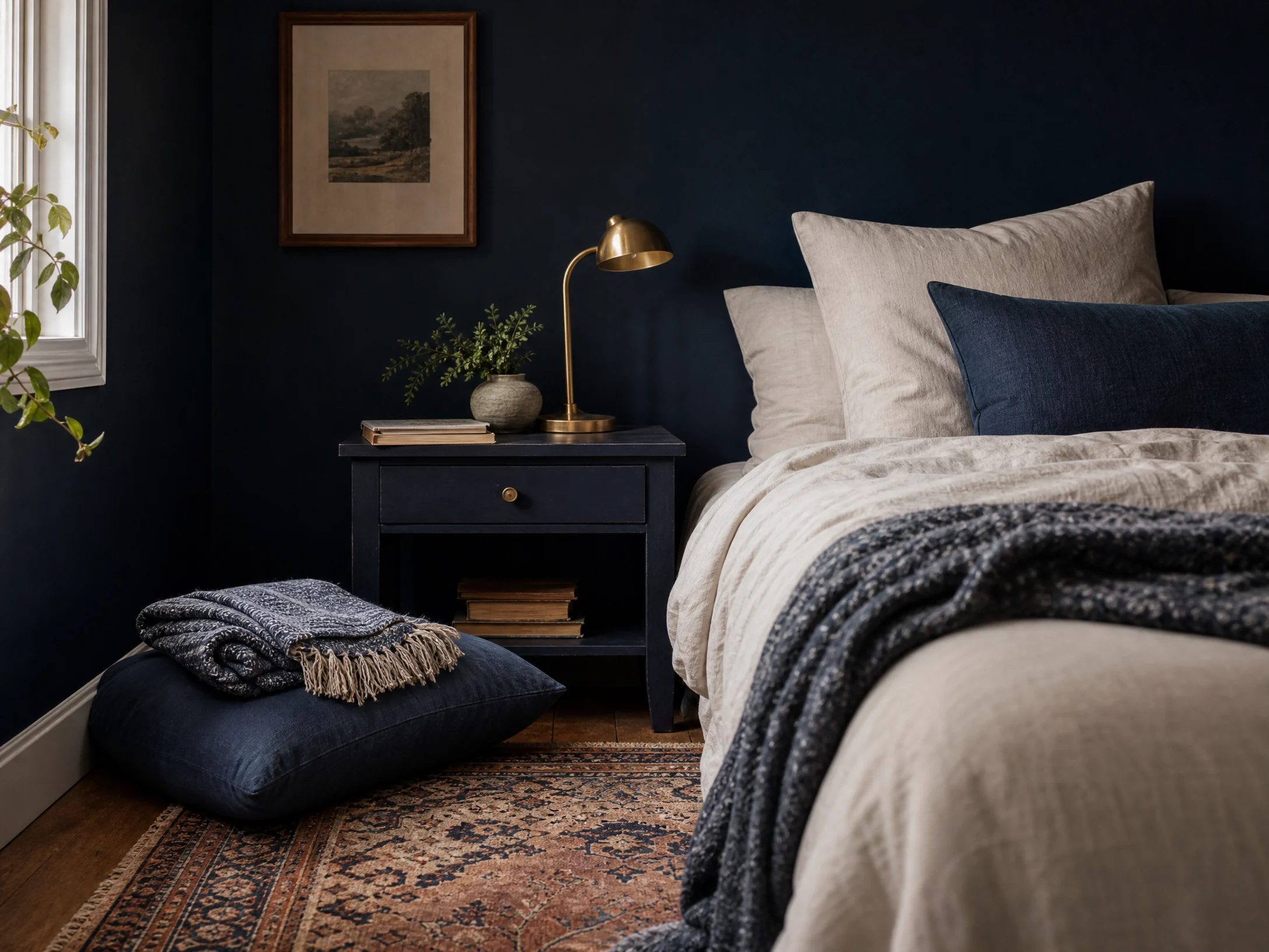 Moody navy and brass bedroom reading nook