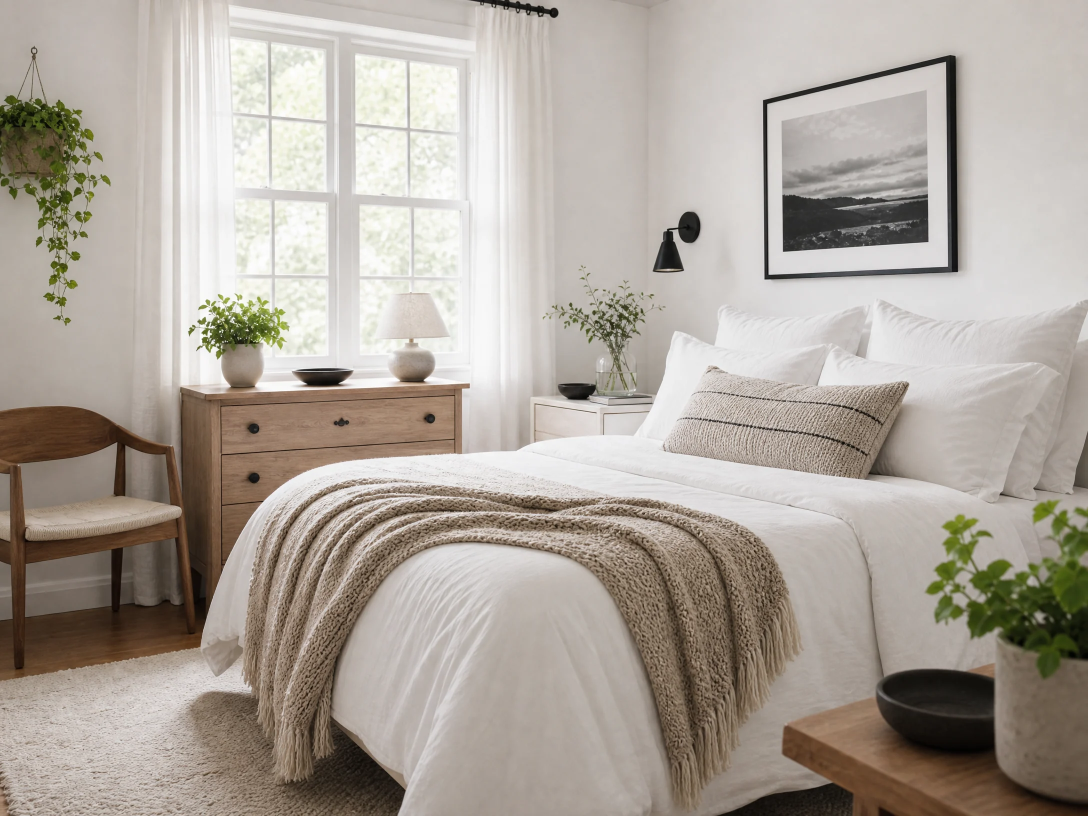 White bedroom with black budget decor accents