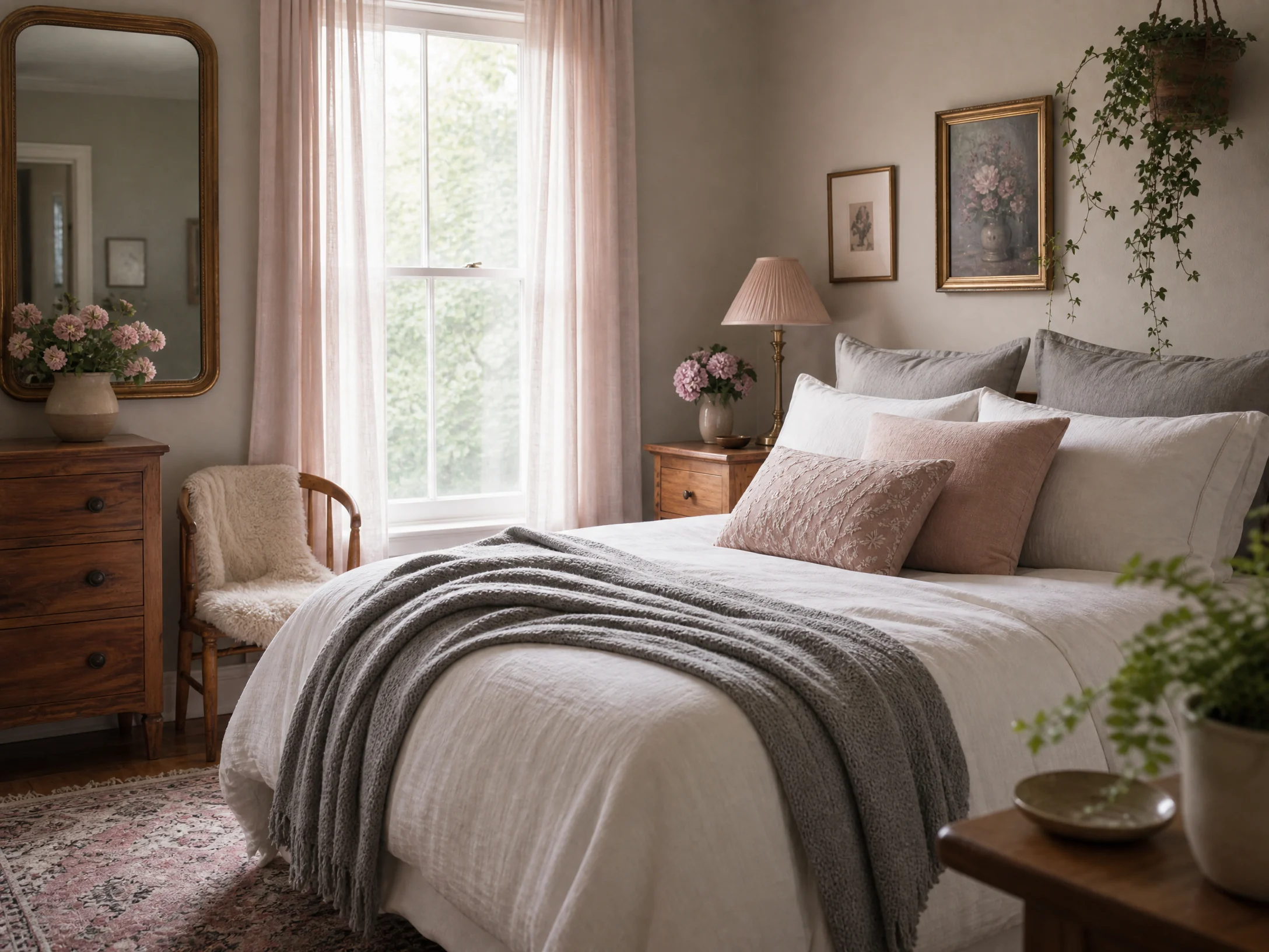 Dusty pink and soft gray bedroom