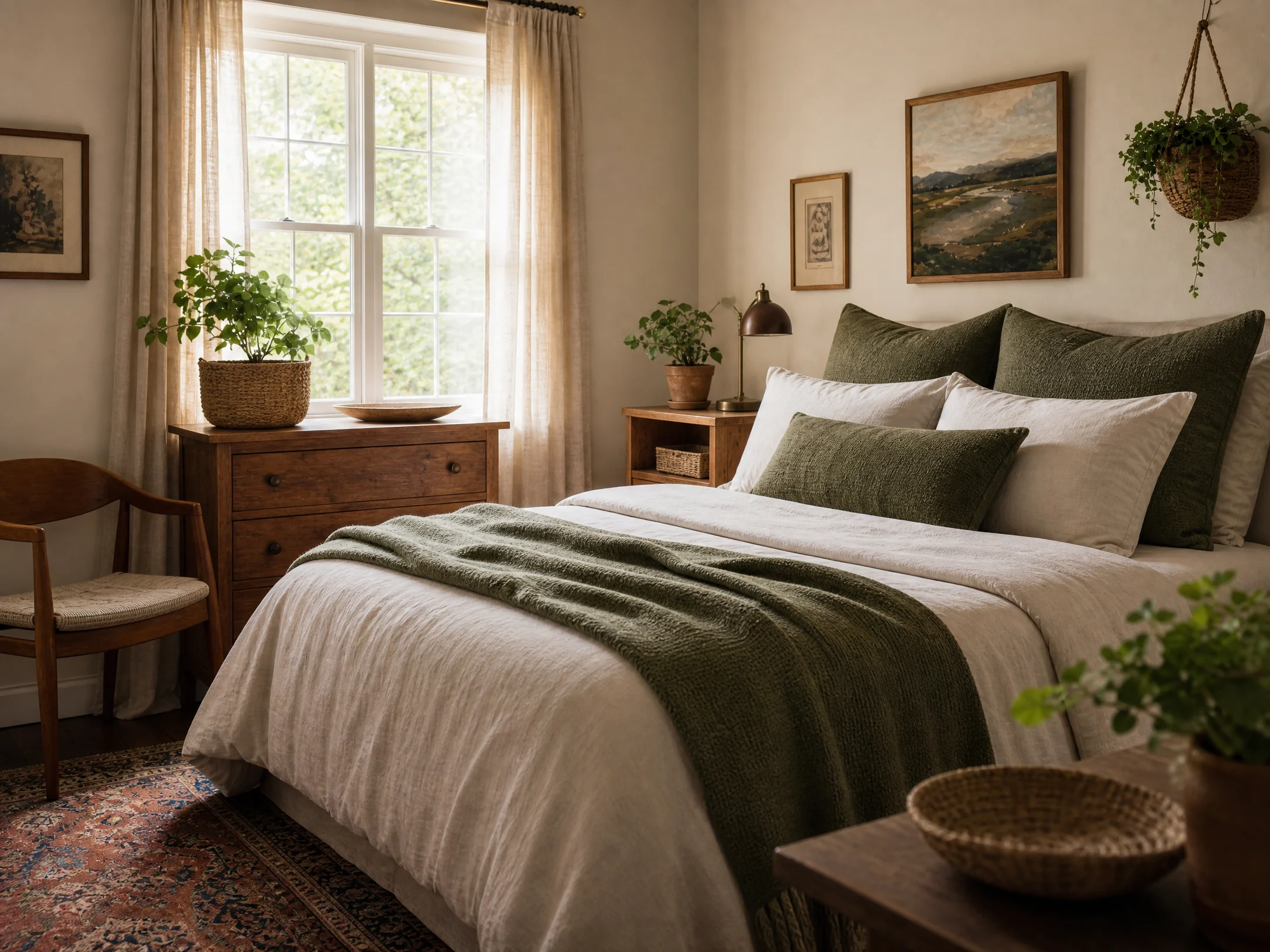 Warm wood and olive green bedroom