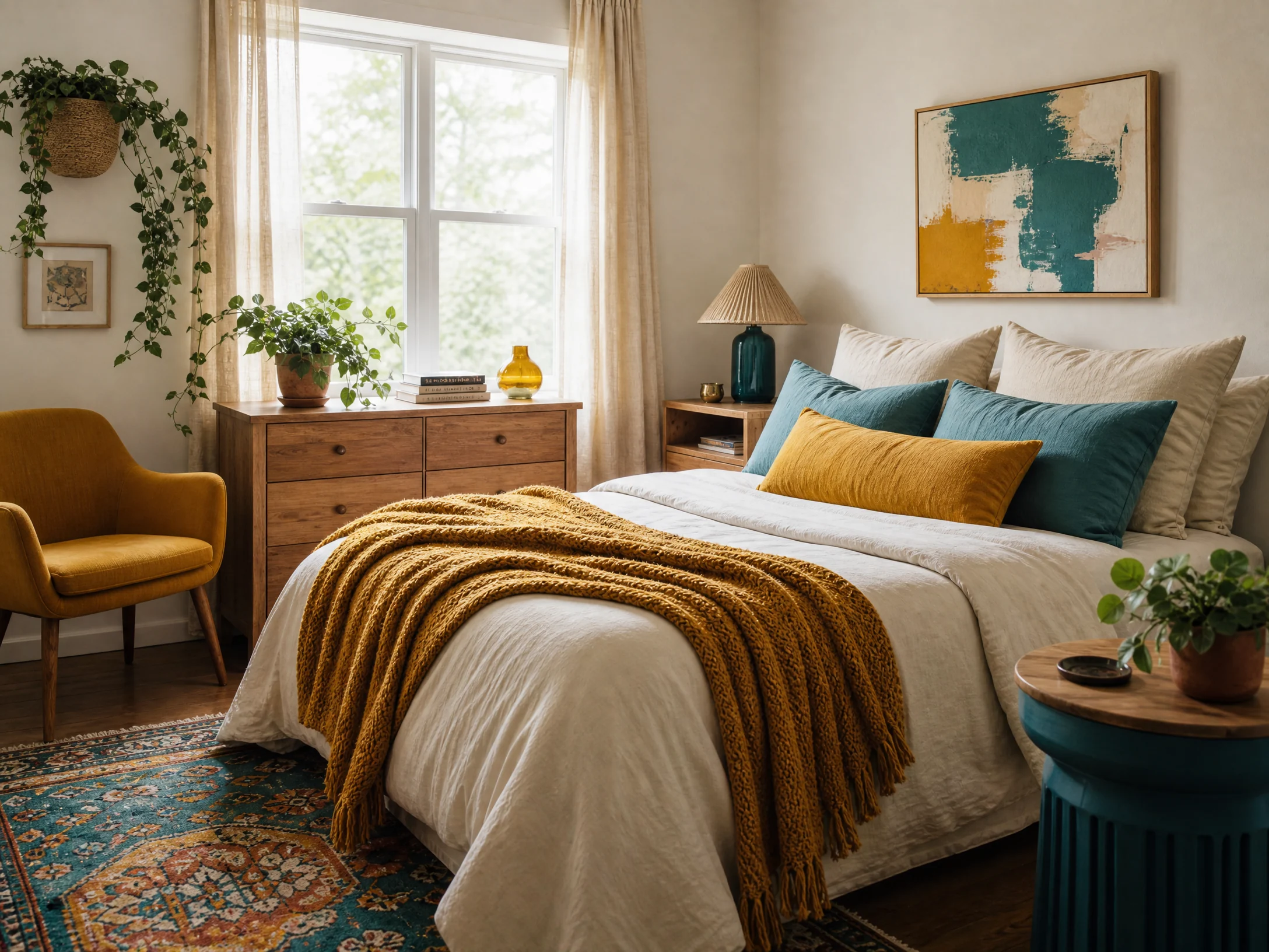 Mustard yellow and teal creative bedroom
