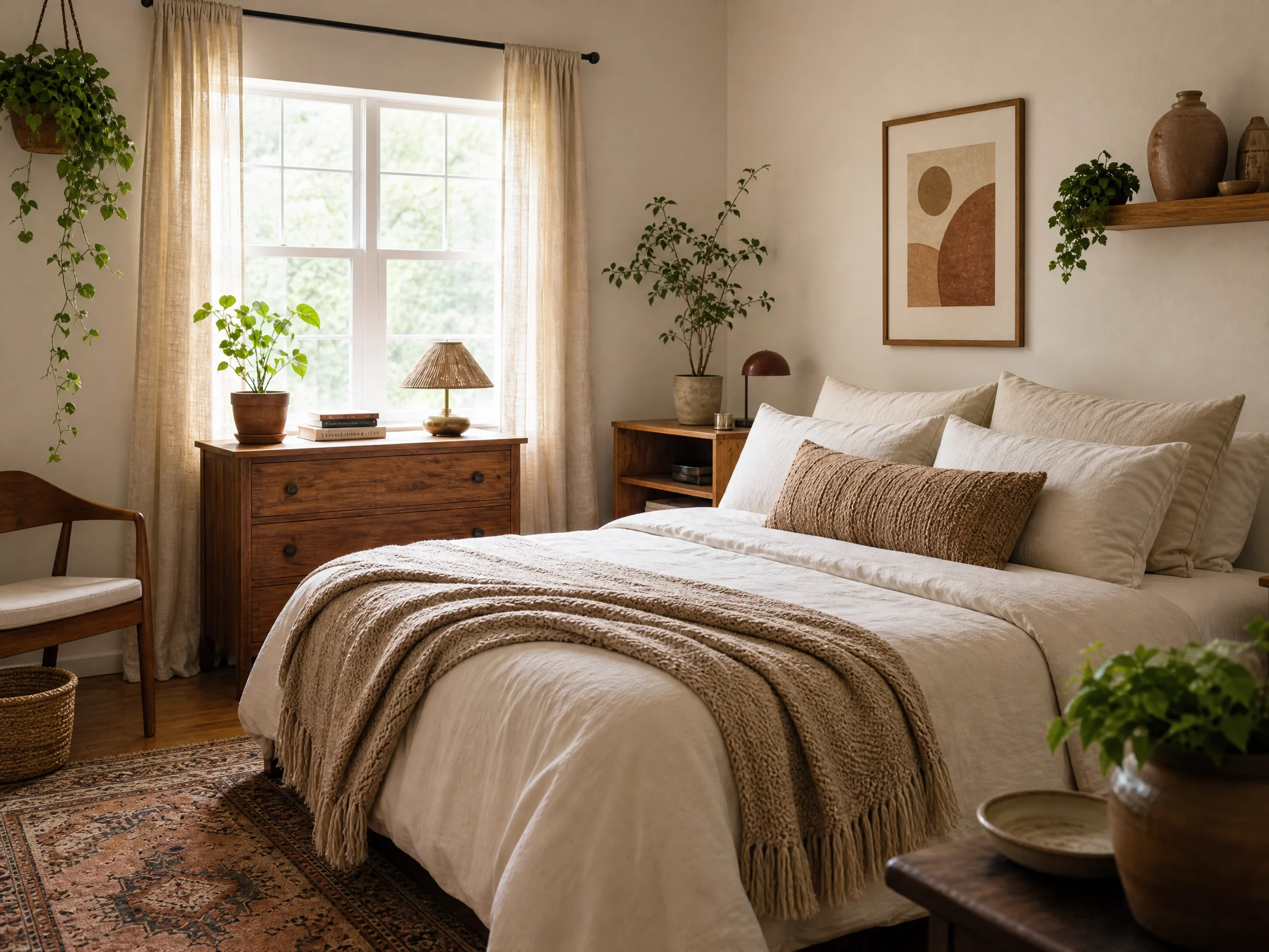 Rental-friendly clay and neutral bedroom